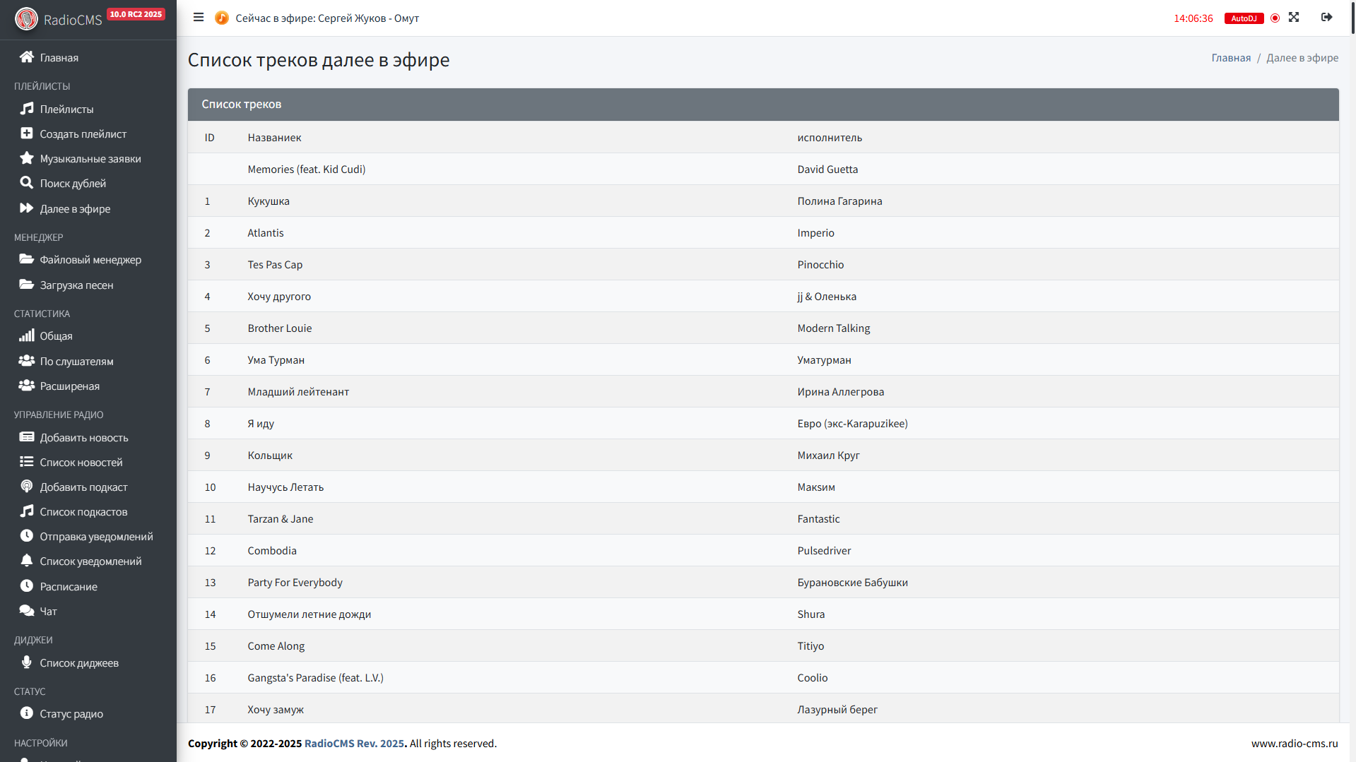 Панель управления эфиром